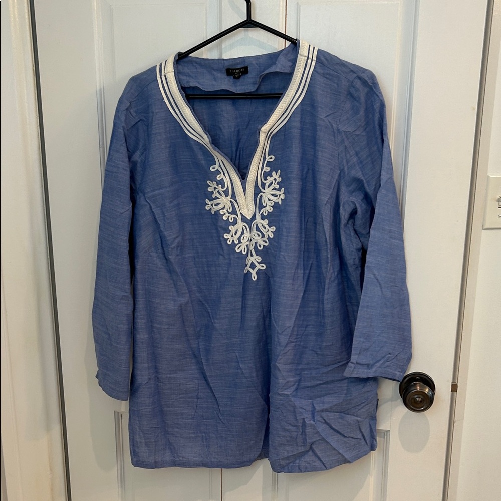 Talbots Blue Tunic with White Embroidery